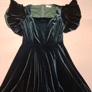 Zapaka Velvet Skater‎ Dress Women Medium Green Flutter Sleeve Square Neck Mini